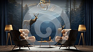 3D modern interior mural painting wall art decor wall in front of the rest chairsGolden with dark blue forest trees, deers, birds