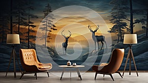 3D modern interior mural painting wall art decor wall in front of the rest chairsGolden with dark blue forest trees, deers, birds