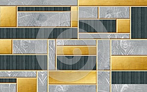 3d modern mural wallpaper . golden lines and squares and black wood in gray background photo