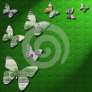 3-D money butterflies on green glitter background