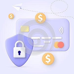 3D Money Saving icon concept. Online payment protection system with credit card. Secure bank transaction. Cartoon style