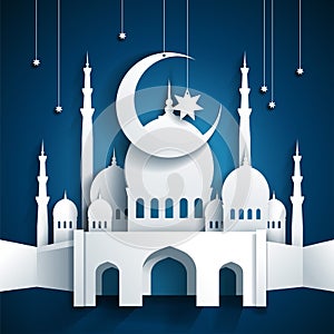 3d mosque and crescent moon with stars - Ramadan Kareem or Ramazan Kareem background - paper craft style - vector photo