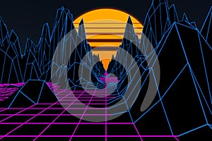 3D mountains grid with sunset