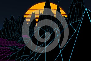 3D mountains grid with sunset
