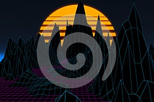 3D mountains grid with sunset