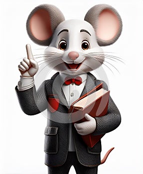 3d mouse in a classic suit, with a book, isolated on a light background. photo