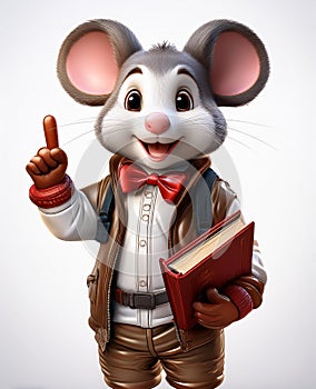 3d mouse in a suit, with a book, isolated on a light background. photo