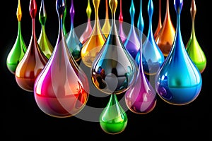 3D multicolor glossy paint drop blobs on black background