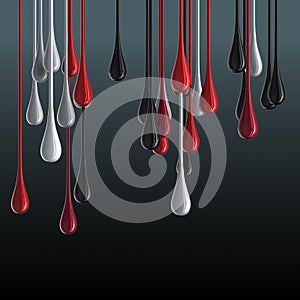 3D multicolor glossy paint drop blobs on black background