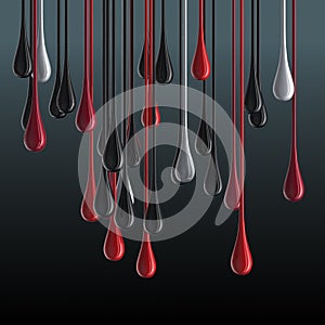 3D multicolor glossy paint drop blobs on black background
