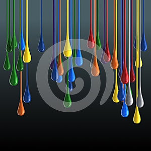 3D multicolor glossy paint drop blobs on black background