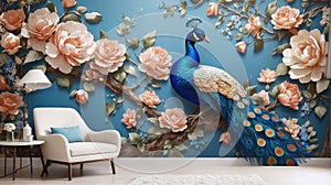 3d mural background blue peacock on branch wallpaper . with flowers for interior home wall