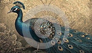 3d mural background blue peacock wallpaper in golden background