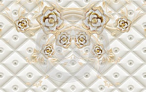 3d golden mural background with flowers , pearl , Jewelery , circles and butterfly . marble and capitone wallpaper