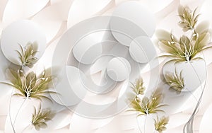 3d golden mural background with flowers , pearl , Jewelery , circles and butterfly . marble and capitone wallpaper