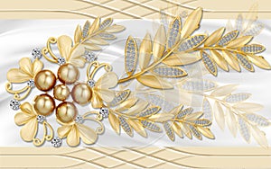 3d golden mural background with flowers , pearl , Jewelery , circles and butterfly . marble and capitone wallpaper