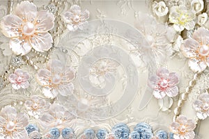 3d mural background with flowers , pearl , Jewelery , circles and butterfly . marble and capitone wallpaper photo