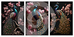 3d mural background turquoise peacock on floral branch wallpaper. with flowers on black background