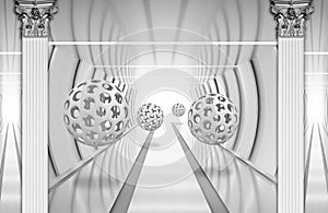 3d mural digital illustration silver tunnel with sphere and columns . modern rendering gray interior wallpaper