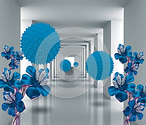 3d mural digital illustration silver tunnel with sphere and flowers . modern rendering gray interior wallpaper .