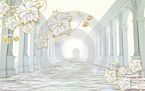 3d mural illustration background with pearl golden jewelry and flowers , circles decorative wallpaper . tunnel road with old colu