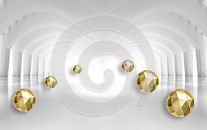 3d mural Illustration of 3D crystal golden ball in empty expand room gray rendering background photo