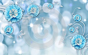 3d mural light blue wallpaper  with diamonds and flowers with silver branches and light modern background photo
