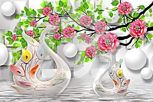 Trojrozmerný nástenná maľba maľovať ilustrácie kvety,dekoratívne a zlatý šperky tapeta na plochu.farebný páv a labuť trojrozmerný nástenná maľba 