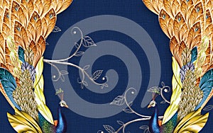 3d mural paint illustration dark blue background with flowers , decorative and golden Jewelry wallpaper . colored peacock