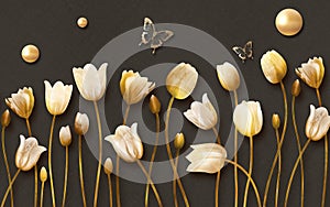 3d mural tulip flowers with golden butterfly and pearl in dark background