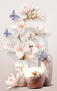 3d mural vase with flowers and butterfly orchid on white background photo
