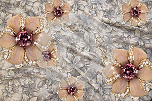 3d mural wallpaper abstract background with Floral and pearls, gold jewelry flowers photo