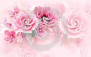 3d mural wallpaper abstract background with rose and white and  flowers photo