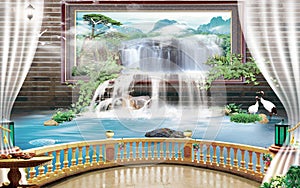 3d mural wallpaper Beautiful view of landscape background from the old arches, tree, sun, water , birds flowers and transparent cu