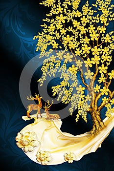 3d mural wallpaper  . flowers branches, deer butterfly and clouds.  Antelope . birds ,mountain, tree , sun in background . Suitabl