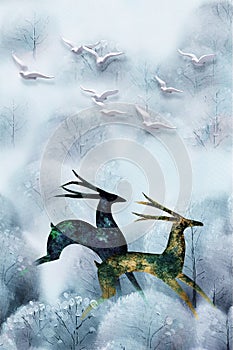 3d mural wallpaper . flowers branches, deer butterfly and clouds. Antelope . birds ,mountain, tree , sun in background . Suitabl