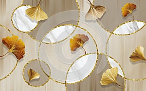 3d mural wallpaper geometric circle marble shapes. golden ginkgo leaves. Modern interior bedroom home wall and carpet decor