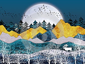 3d mural wallpaper with gray background golden mountains and white moon . white tree, black birds, deer with antlers  and  . flat