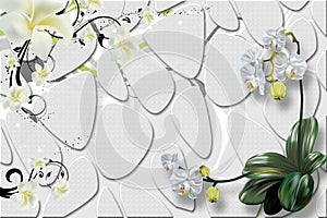 3d mural wallpaper gray stone background . with flower branches photo