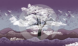 3d mural wallpaper . mountain , white birds in sky with black tree in clouds . light purple background photo