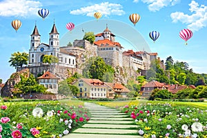 3d mural wallpaper palace with garden and flowers landscape . colored Air balloons in the sky . suitable for Childrens wallpaper photo