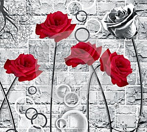 3d mural wallpaper red flowers and circles in black and white wall bricks .