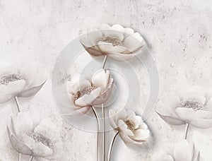 3d mural wallpaper with simple flowers in white background . modern flowers in simple wall