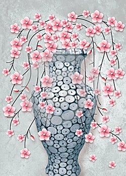 3d mural wallpaper vase with rose flowers on gray background Suitable for use on a wall frame