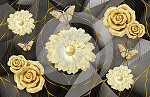 3d mural wallpaper for wall . abstract black background with golden flowers  lines and butterfly .