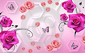 3d mural Wallpapers with flowers orchids and waving butterflies on 3d rendering rose background will visually expand the space in