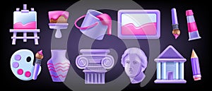 3D museum icon set, vector education historical art sign kit, ancient Greek sculpture head, easel.