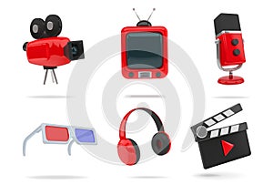 3D music icons. Cinema movie or television film. Camera and microphone speaker. TV stereo eyeglasses. Headphones render