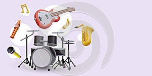 3D musical instruments. Guitar, drum stand, flute, microphone, saxophone, nota photo