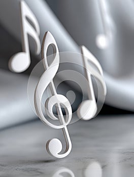 3D musical notes and treble clef against a soft gray background.